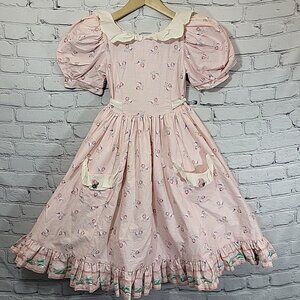 VINTAGE DAISY KINGDOM Girls Dress Size 8 Pink Floral Tea Party Factory Made Flaw